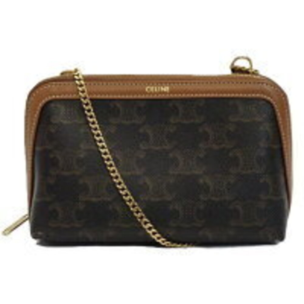 Celine Chain Clutch Cuile Triomphe Canvas Lambskin Tan Shoulder Bag